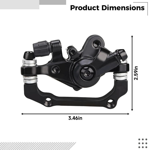Rock Hard Aluminum Alloy Mechanical Disc Brakes Featuring Steel Ball Drive System Universal A B Mount side view with dimensions 3.46in by 2.59in
