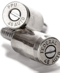 Roll Custom With These Tough As Nails Forty Five Caliber License Plate Screws Featuring Bullet Fasteners And A Solid Nickel Plated Finish That Stays Clean For Cars Trucks And Motorcycles. Two 45 caliber license plate screws with nickel finish.