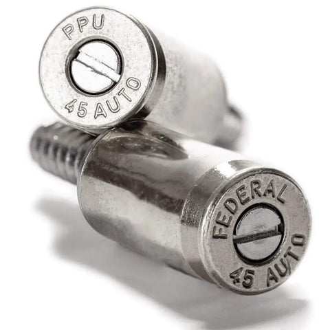 Roll Custom With These Tough As Nails Forty Five Caliber License Plate Screws Featuring Bullet Fasteners And A Solid Nickel Plated Finish That Stays Clean For Cars Trucks And Motorcycles. Two 45 caliber license plate screws with nickel finish.