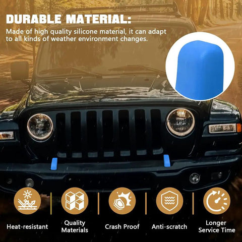 Front Bumper Tow Hook Covers For Wrangler JK JL Gladiator TJ 2007-2024, 2Pcs Blue Rubber Protectors shown on Jeep front