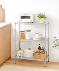 Heavy Duty Three Tier Wire Shelving Rack With Adjustable Chrome Metal Storage Shelves Featuring 750 Lb Capacity Built Like A Tank For Real Garage Workhorse Organization Needs displaying kitchen essentials.