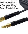 Installed 1/4 inch quick couplers and bend restrictors on No Fuss Self Coiling Air Hose Polyurethane Recoil Design 3/8 Inch By 25 Feet.