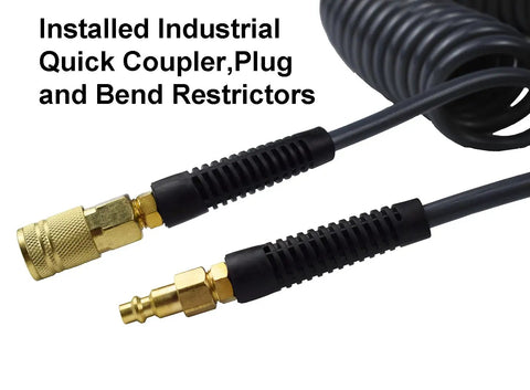 Installed 1/4 inch quick couplers and bend restrictors on No Fuss Self Coiling Air Hose Polyurethane Recoil Design 3/8 Inch By 25 Feet.
