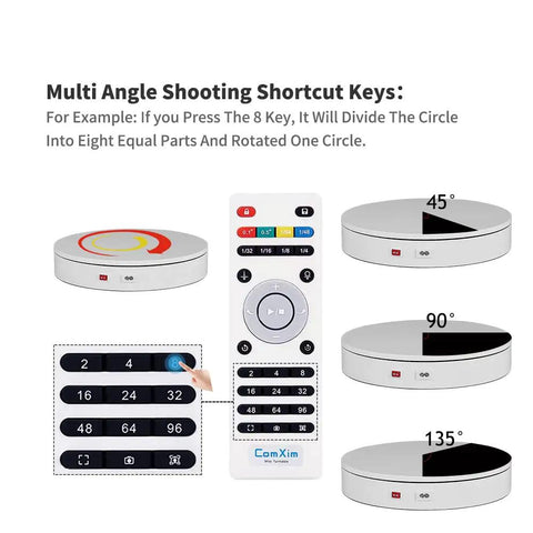 ComXim Motorized Turntable Remote Control Rotating Display Stand 360 Degree Platform showing multi-angle function for product photography.