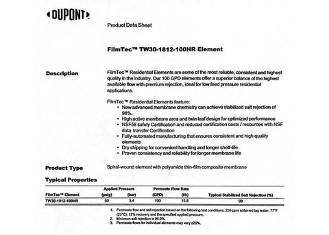 Data sheet for TW30-1812-100HR 100 GPD TFC High Rejection Membrane, featuring product specifications and features.
