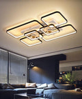 Modern Rectangular Ceiling Fan Lamp With 7 Blades Semi Flush LED Light With Remote Control For Living Room 27.5 Inches Black White in sleek design.