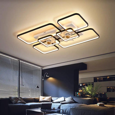 Modern Rectangular Ceiling Fan Lamp With 7 Blades Semi Flush LED Light With Remote Control For Living Room 27.5 Inches Black White in sleek design.