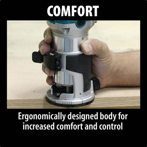 RT0701CR 1-1/4 HP Compact Router With Variable Speed 10,000 To 30,000 RPM And Smooth Fine Depth Adjustment held by hand for comfort