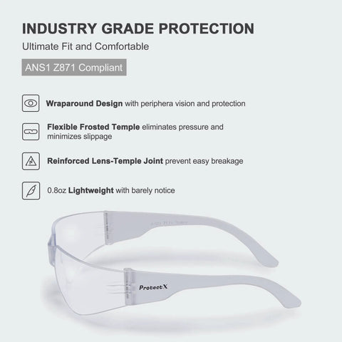 12 Pack Clear Anti Fog Safety Glasses With Wraparound Lenses, ANSI Z87.1 Impact Resistant Eye Protection side view
