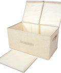 Collapsible Linen Fabric Storage Bin For Clothes Shoes And Toys Nifty Foldable Home Basket with open lid in beige.