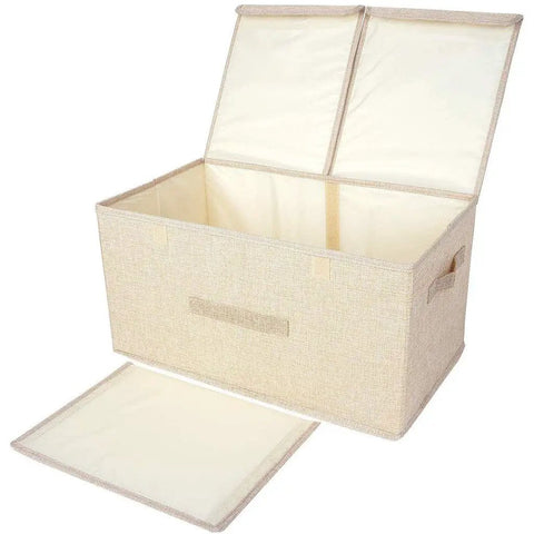 Nifty Collapsible Linen Fabric Storage Basket With Sturdy Foldable Design For Clothes Toys Shoes Books Towels And Magazines Sweet Home Organization Setup, beige with lid open