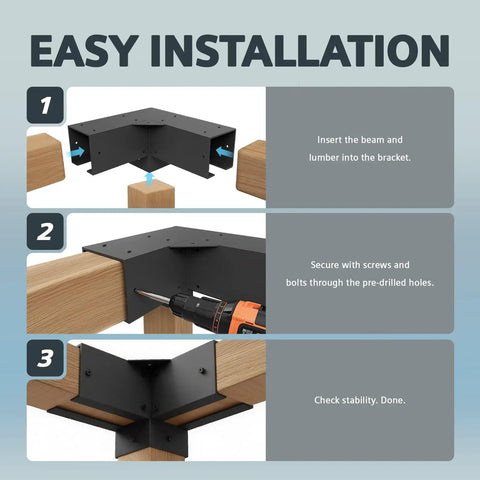 4x4 Pergola Brackets 3-Way Beefed-Up Heavy Duty Steel DIY Kit For Outdoor Pergolas And Gardens, Easy Install With Powder-Coated Black Finish, Durable Support Brackets, 2 Pack