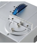 Ultra Compact Mini Electric Table Saw With Slick Angle Guide And Quick Lift Blade For Clean Wood Cuts Portable Workbench Tool close-up of angle guide and 110mm blade.