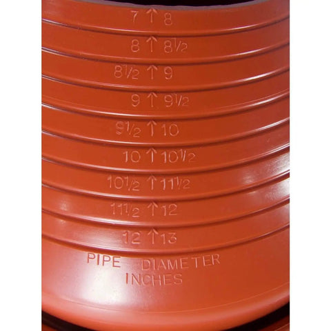 Red Round Base Metal Roofing Pipe Flashing Boot For 7 To 13 Inch OD Pipes with size measurements in high temp silicone.