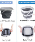 Comparison of old and upgraded Foldable Collapsible Water Bucket 5 Liter One Point Three Gallon with handle and PP stand