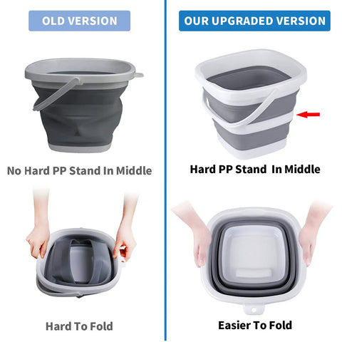 Comparison of old and upgraded Foldable Collapsible Water Bucket 5 Liter One Point Three Gallon with handle and PP stand