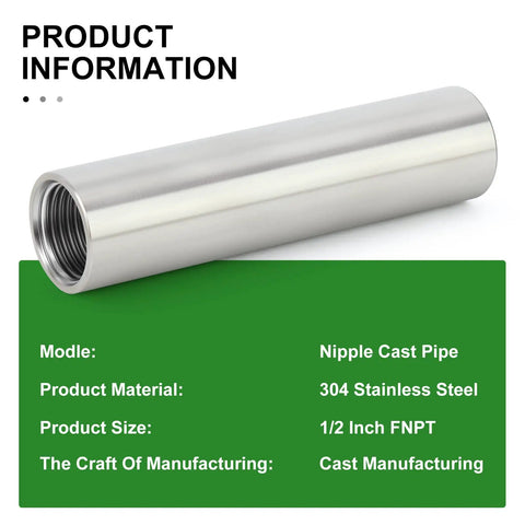 Stainless Steel Pipe Fittings Two Pack 1/2 Inch NPT Female To 1/2 Inch NPT Female Nipple Four Inch Length 304 Stainless Cast Pipe Connector