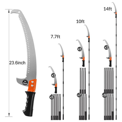 Lightweight Manual Pole Saw Extension For Tree Pruning 10 Foot Reach Stainless Steel Blade with length options 7.7ft, 10ft, 14ft