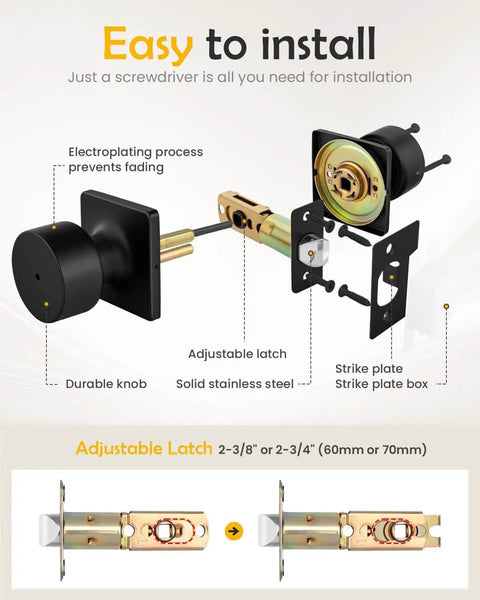 Installation diagram of Matte Black Interior Door Knobs With Lock Privacy Bedroom And Bathroom Door Handles featuring adjustable latches.