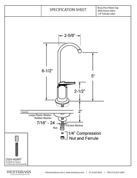 Diagram of Cool Touch-Flo Style Pure Cold Water Dispenser Faucet In Oil Rubbed Bronze, Six And A Half Inch Tall With 2.6 Inch Spout