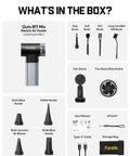 Gust B11 Mix Electric Air Duster with accessories: various nozzles, fan stand, USB plug, storage bag, manual, and lanyard.