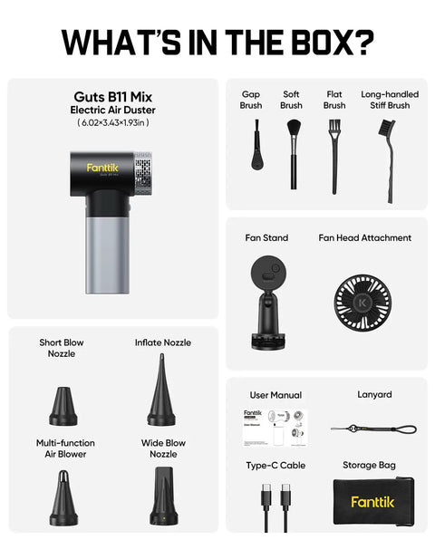Gust B11 Mix Electric Air Duster with accessories: various nozzles, fan stand, USB plug, storage bag, manual, and lanyard.