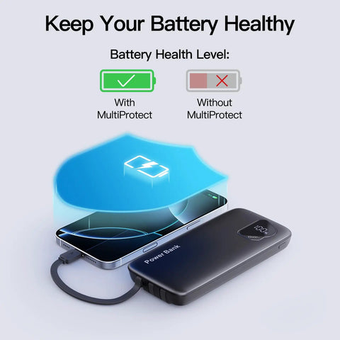 Two Pack Heavy Duty 10000mAh Portable Charger Power Bank Featuring Integrated Lightning And Usb C Cables Fast Charge Four Smartphones Simultaneously shows battery health features with MultiProtect.