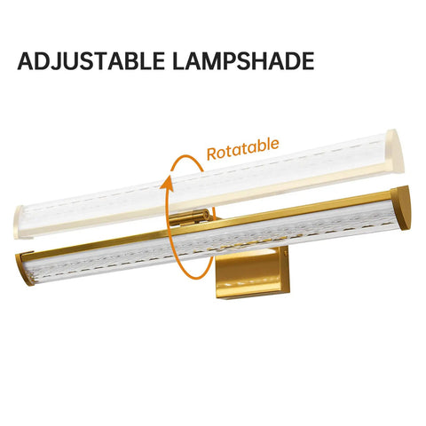 Brushed Gold 24 Inch Vanity Light With 3000K LED, Modern Bathroom Wall Fixture showing adjustable angle bracket and water ripple shade.