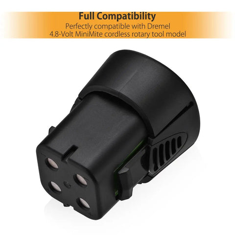 Black 4.8V NiMH battery pack compatible with Dremel 7300 series, shown at an angle to display full compatibility