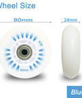 Glow In The Dark Inline Skate Wheels 80mm with ABEC 9 Bearings, Blue, Side and front view, for Indoor and Outdoor Use 4 Pack