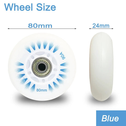 Glow In The Dark Inline Skate Wheels 80mm with ABEC 9 Bearings, Blue, Side and front view, for Indoor and Outdoor Use 4 Pack