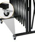 Close-up of the wheel mechanism on a Straight Up Solid Expandable Metal Barricade With Quick Lock Scissor Gate Roll With Ease.
