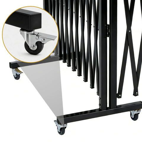Close-up of the wheel mechanism on a Straight Up Solid Expandable Metal Barricade With Quick Lock Scissor Gate Roll With Ease.