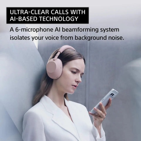 Woman using Top Tier Noise Canceling Wireless Headphones With HD NC Processor QN3, 12 Microphones, Adaptive NC Optimizer while on call