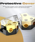 Two Pack Car Audio Power Distribution Block 0 To 2 To 4 Gauge In, 4 To 8 To 10 Gauge Out Amp Splitter For Cars And Boats, Clear Cover on gold block