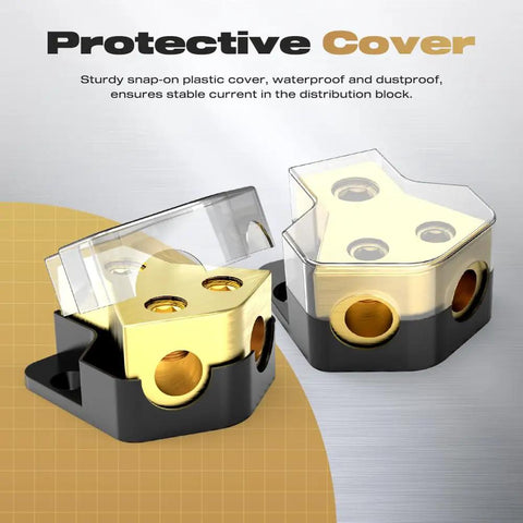 Two Pack Car Audio Power Distribution Block 0 To 2 To 4 Gauge In, 4 To 8 To 10 Gauge Out Amp Splitter For Cars And Boats, Clear Cover on gold block