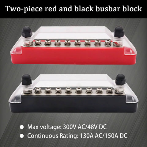 Power Distribution Terminal Block With Cover For Car Boat Marine 150A Battery Bus Bar M6 Terminal Studs, red and black blocks.