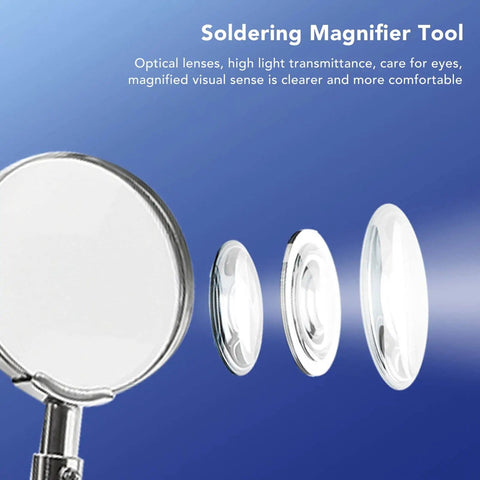 Close-up of optical lenses for Soldering Helper Arm With 3X Magnifying Lamp The Ultimate Third Hand Soldering Station For PCB And Circuit Boards Adjustable 360 Degree Arm Hands Free Precision Electronics Stand