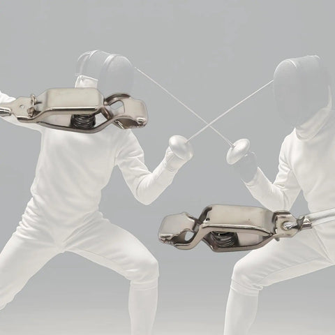 Close-up of stainless steel clips on 4 Pack Fencing Mask Cord For Foil And Sabre, fencers in action in the background.