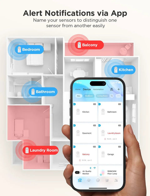 Smartphone displaying app for WiFi Water Leak Detector 3 Pack With Real Time Alerts And Email Or App Push Notifications, 100dB Alarm