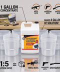 Slap It In Your Tank For A Spotless Finish With This Heavy Duty Ultrasonic Gun Cleaner Solution Concentrate For Metal Firearms Carbon Removal And Tool Degreasing One Gallon displayed with buckets for dilution ratio.