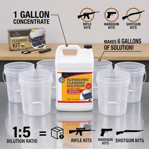 Slap It In Your Tank For A Spotless Finish With This Heavy Duty Ultrasonic Gun Cleaner Solution Concentrate For Metal Firearms Carbon Removal And Tool Degreasing One Gallon displayed with buckets for dilution ratio.
