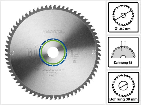 Aluminum Saw Blade 260mm For KAPEX And Universal Saws, 2.4mm Kerf, 30mm Arbor, TF68 120, KS 88, close-up view.