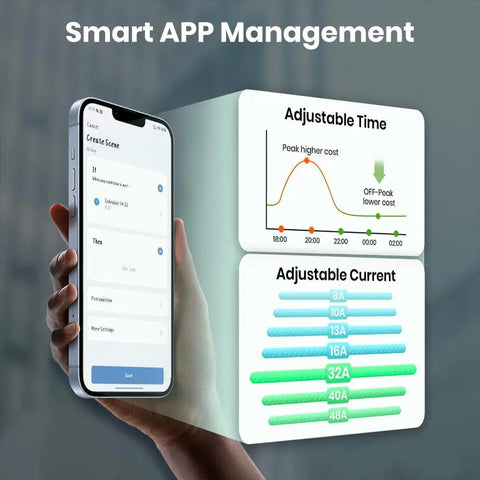 Smart app management screen showing adjustable time and current settings for Heavy Duty Level 2 EV Charger Station.