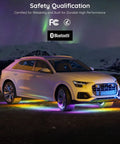 Car with underglow lights in neon hues from RGBIC Kit, showcasing exterior LED lights for cars, SUVs, and trucks in a winter setting.