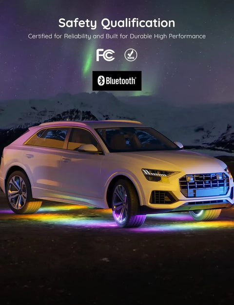 Car with underglow lights in neon hues from RGBIC Kit, showcasing exterior LED lights for cars, SUVs, and trucks in a winter setting.