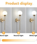 Gold Glass Globe Wall Sconces Set Of 2 Plug In Mid Century Modern Look with warm, neutral, and white light options