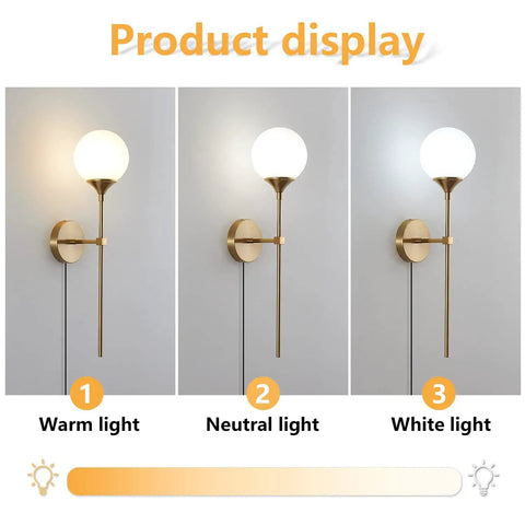 Gold Glass Globe Wall Sconces Set Of 2 Plug In Mid Century Modern Look with warm, neutral, and white light options