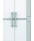 Front view of Built Tough Resin Storage Cabinet With Lockable Doors And Five Shelves 55 Lb Per Shelf Capacity Tall 72 Inch Unit For Laundry Room Garage Bathroom And Closet White And Grey