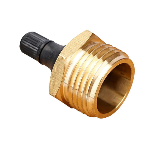 Side view of brass blow out plug for RVs, boats, campers, and trailers, showing quick-connect adapter for winterization.